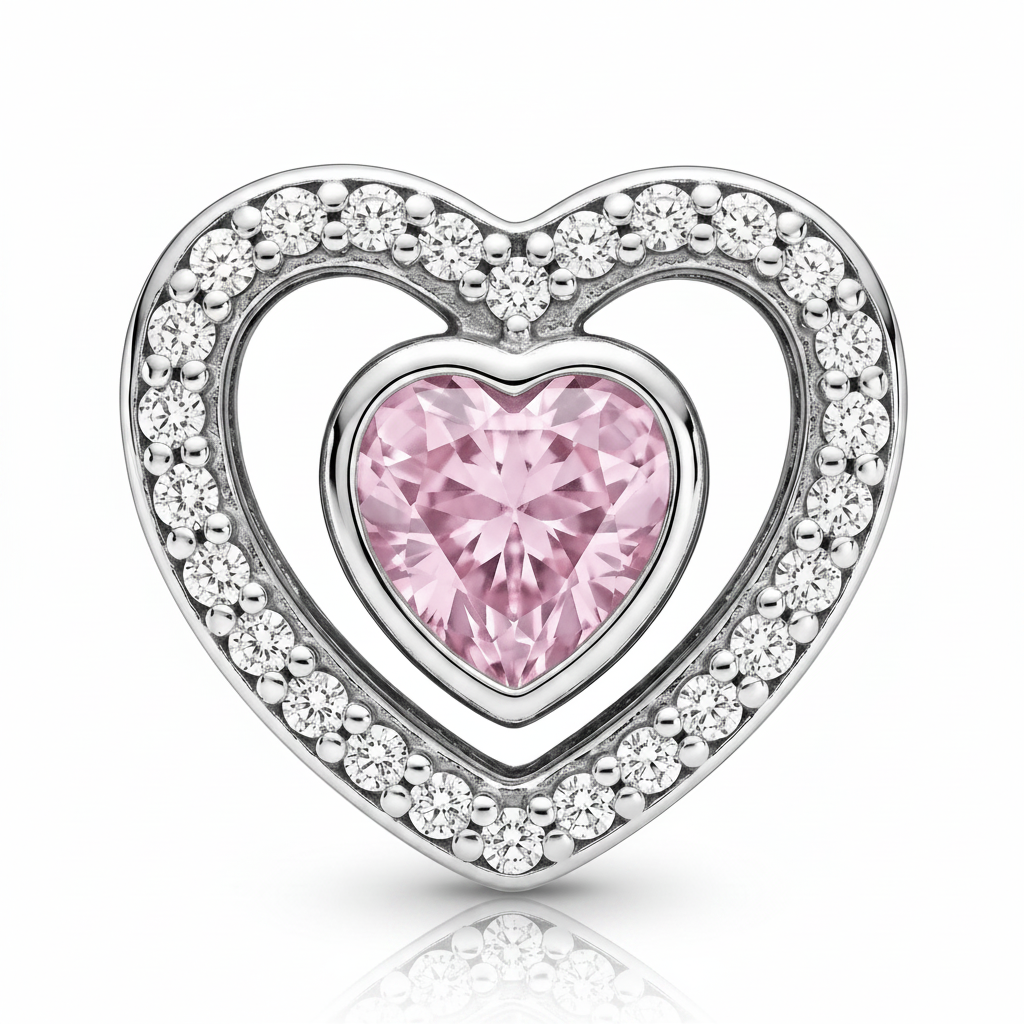 Charm corazón rosa en plata 925 con borde brillante y zircón rosa