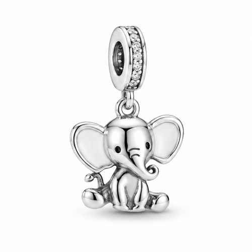 Charm elefantito de plata 925 con aro superior brillante sobre fondo blanco