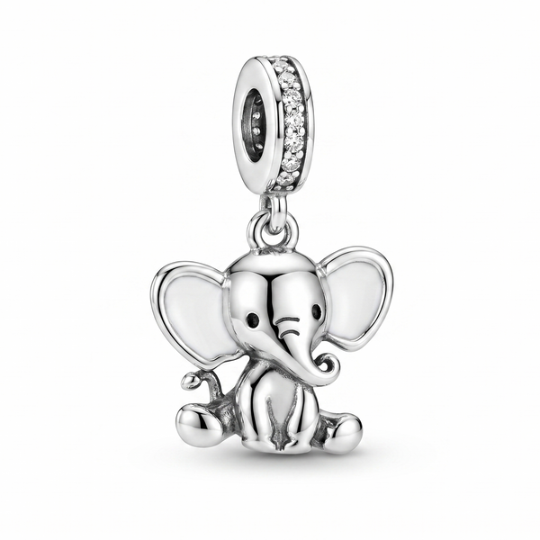 Charm elefantito de plata 925 con aro superior brillante sobre fondo blanco
