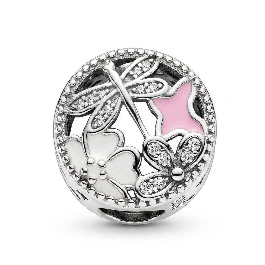 Charm Jardín Encantado Noelle de plata 925 con libélula, flores y mariposa