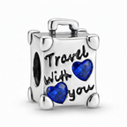 Charm maleta de viaje de plata 925 con frase Travel with you y corazones azules