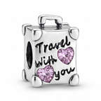 Charm maleta de viaje de plata 925 con frase Travel with you y corazones rosados