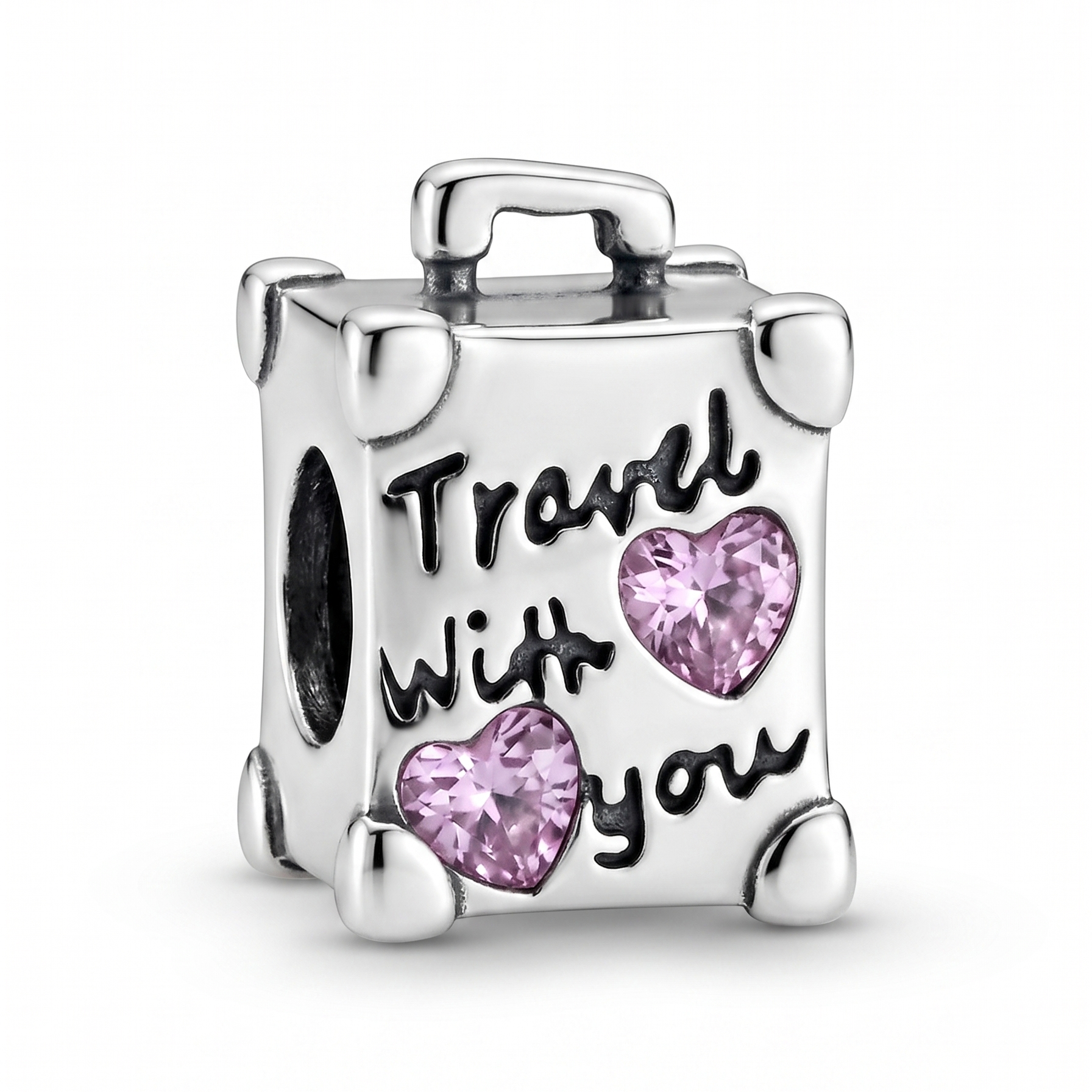 Charm maleta de viaje de plata 925 con frase Travel with you y corazones rosados