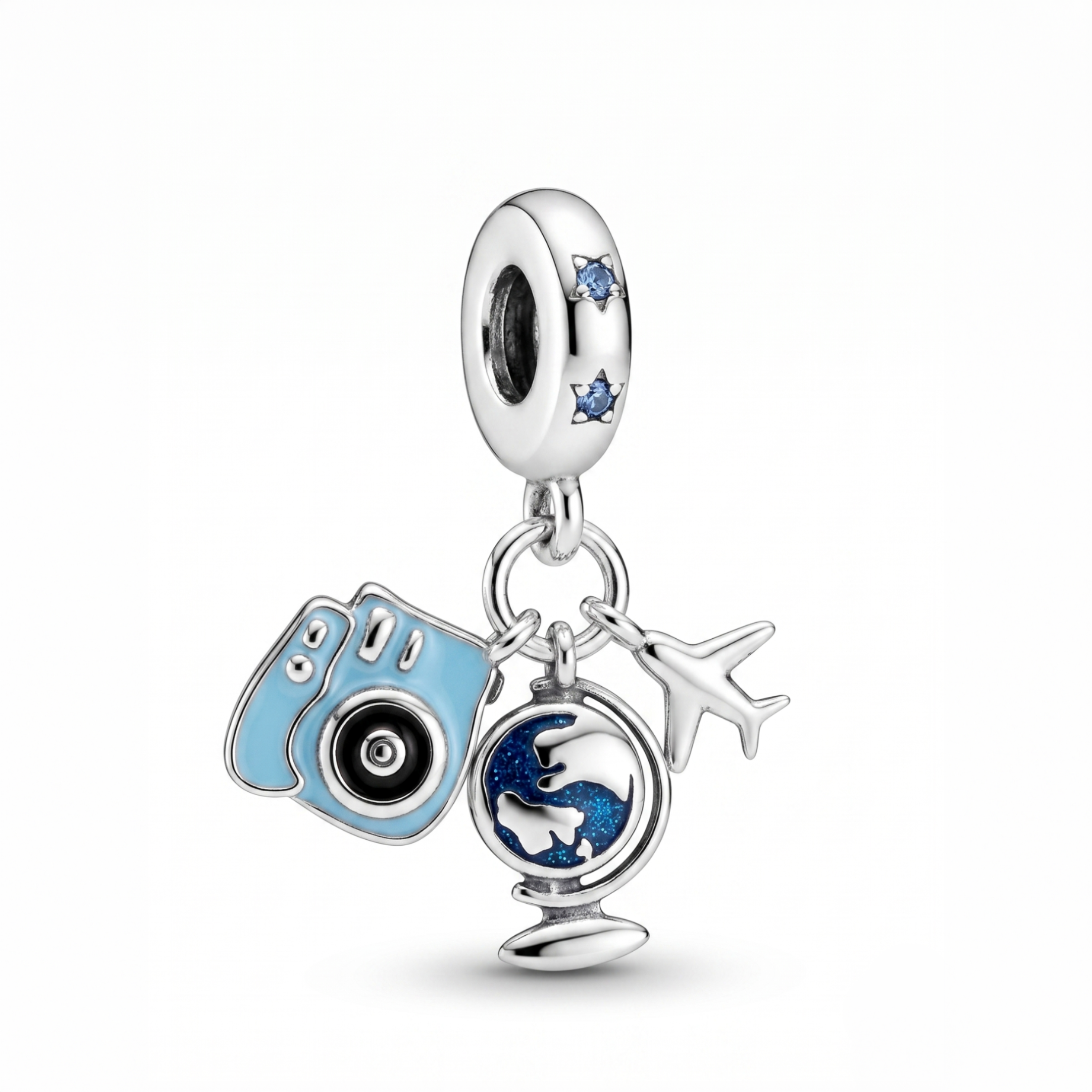 Charm Postales del Mundo de Plata 925 con cámara, mapamundi y avión en miniatura con detalles azules