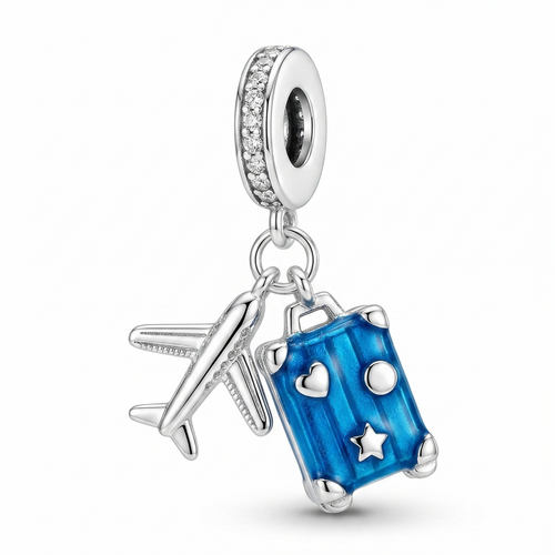 Charm viaje soñado de plata 925 con avión y maleta azul