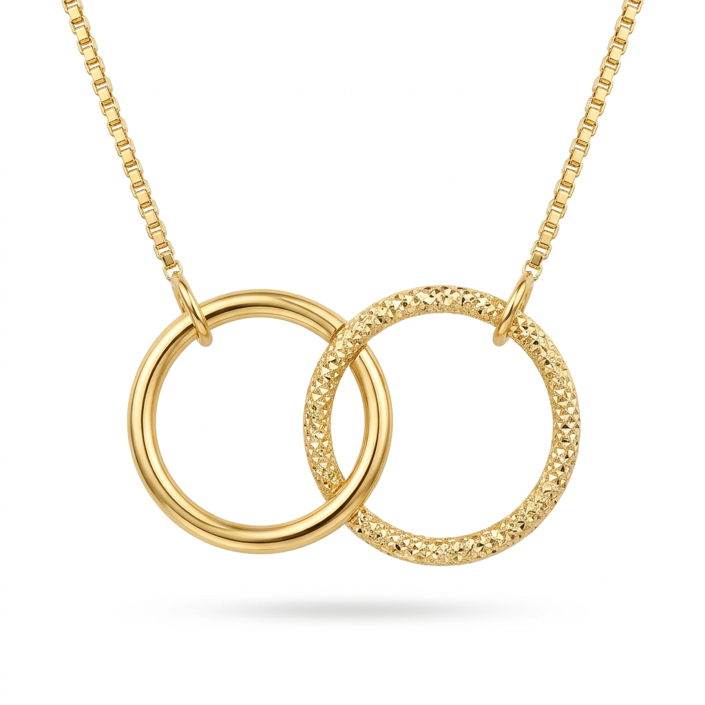 Collar de plata 925 bañada en oro 18K con dos círculos entrelazados y cadena veneciana box