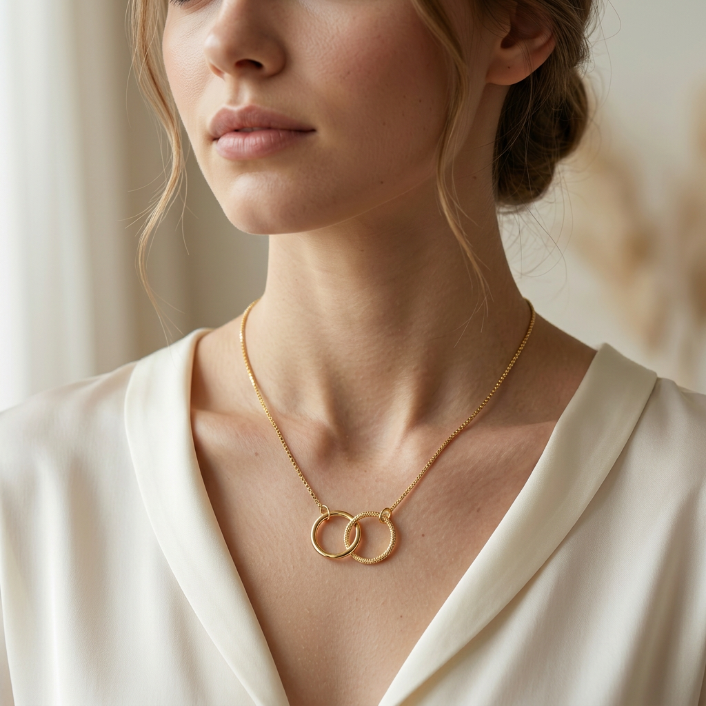Mujer usando collar dorado de plata 925 con colgante de círculos entrelazados