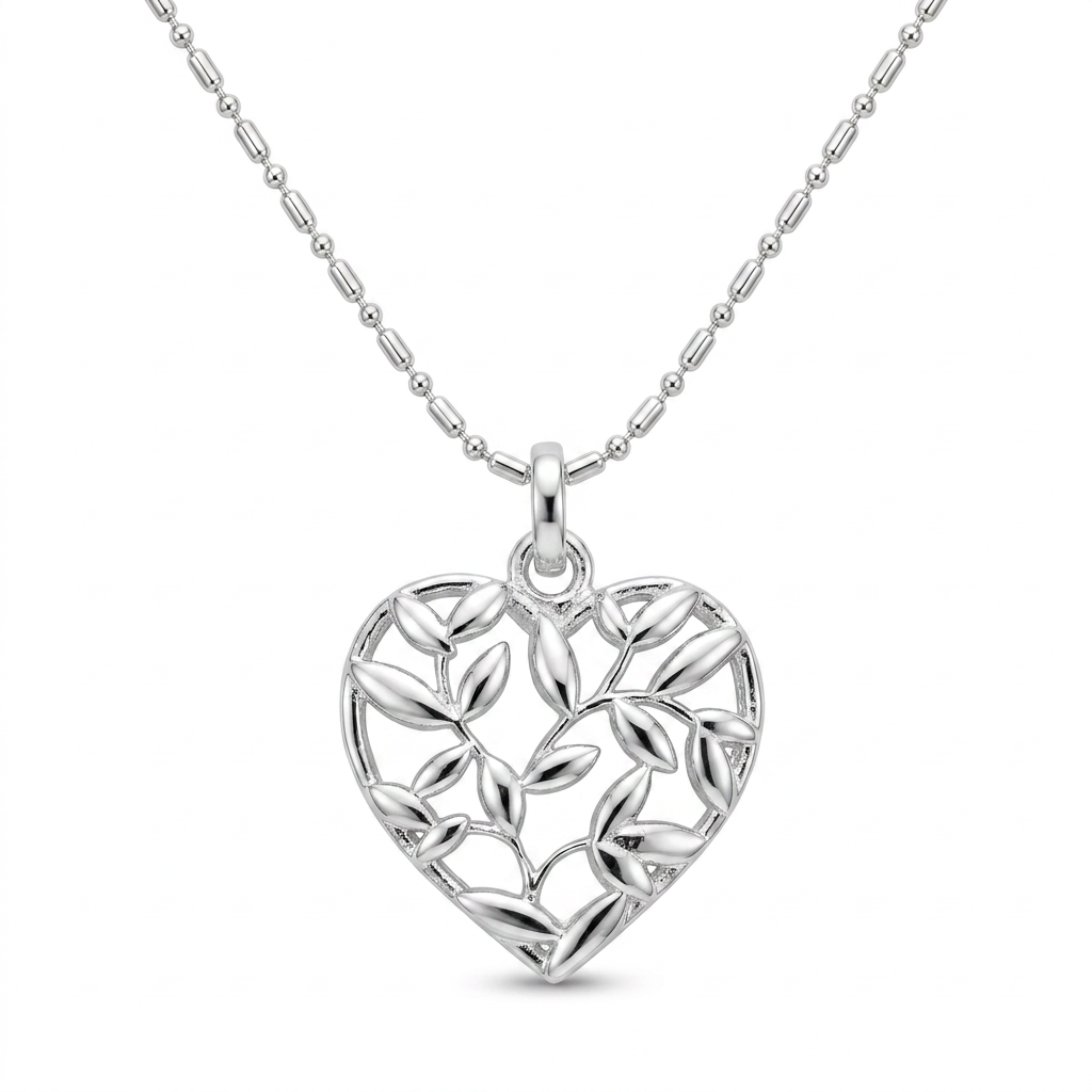 Collar Corazón Botánica Liora de plata 925 con cadena bead 1+1 y dije de corazón calado