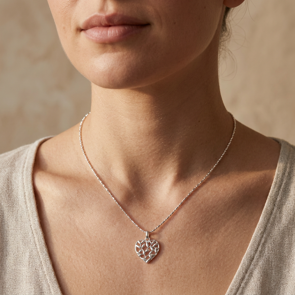 Collar de plata 925 con dije de corazón de hojas sobre cuello y cadena punto y coma