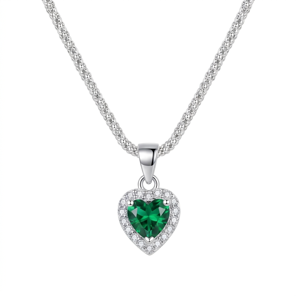 Collar Corazón Émera de plata 925 con dije verde y zircones blancos
