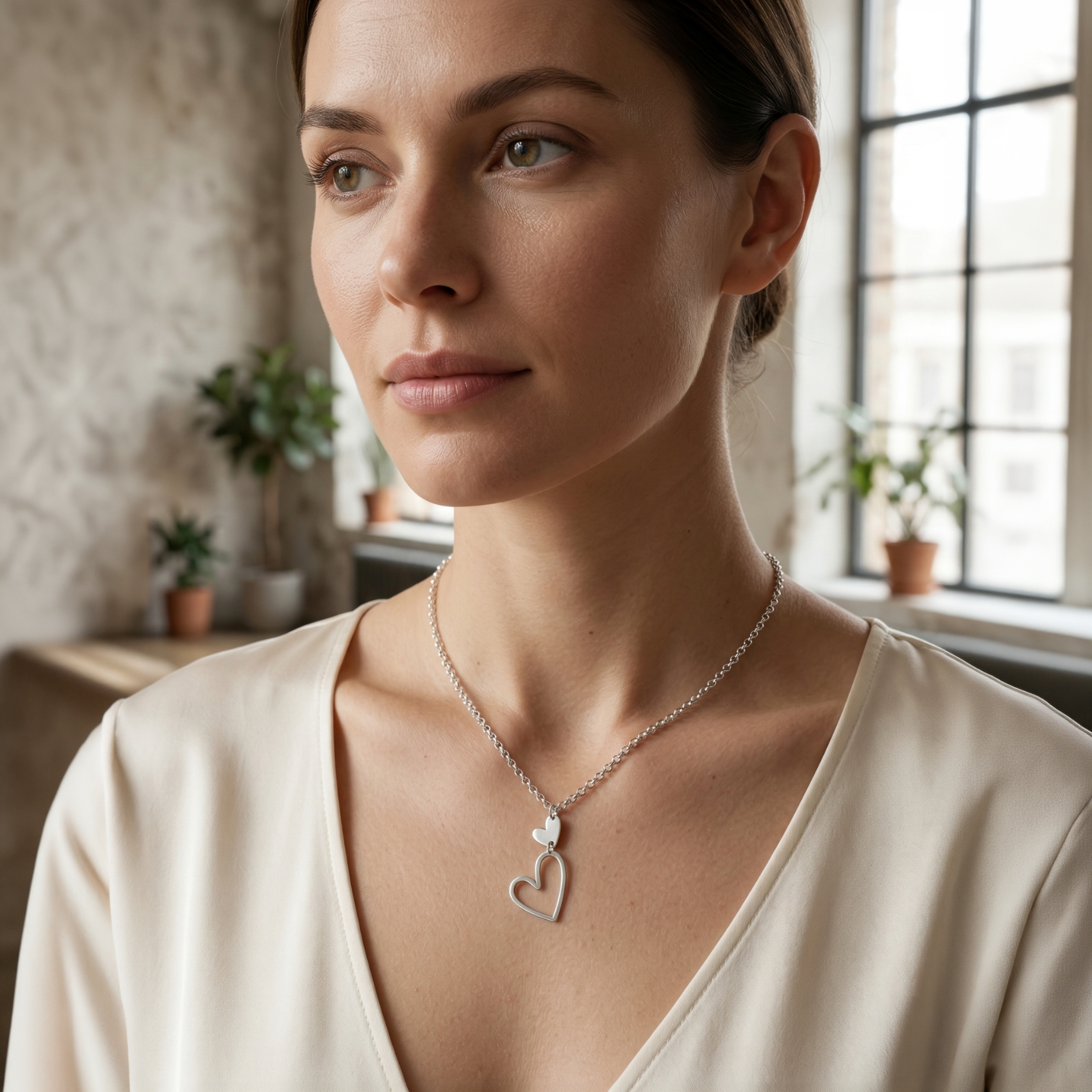 Collar de plata 925 con corazón abierto grande y corazón pequeño