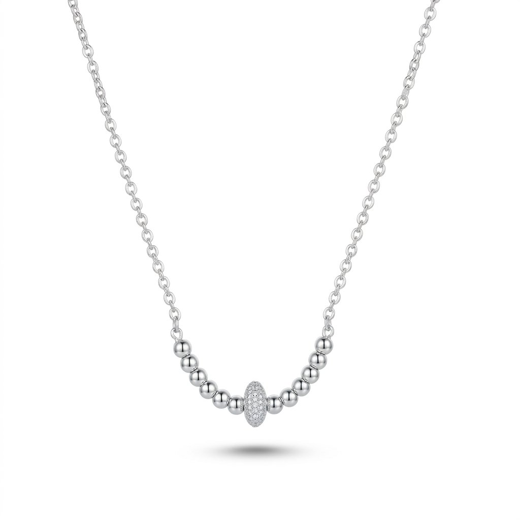 Collar esferas escarcha de plata 925 con dije central ovalado