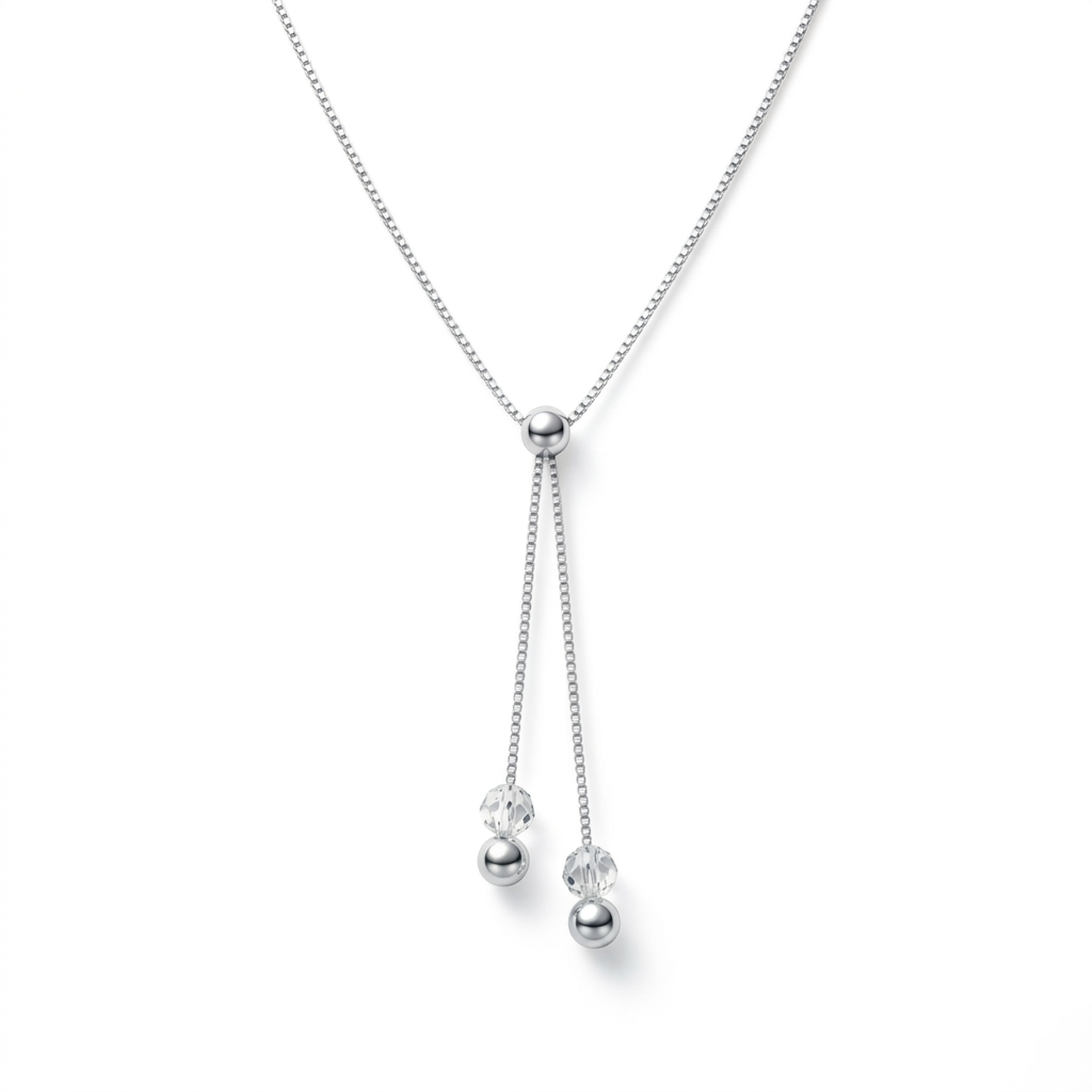 Collar lariat en plata 925 de 45 cm con colgantes y bolitas de 4 mm