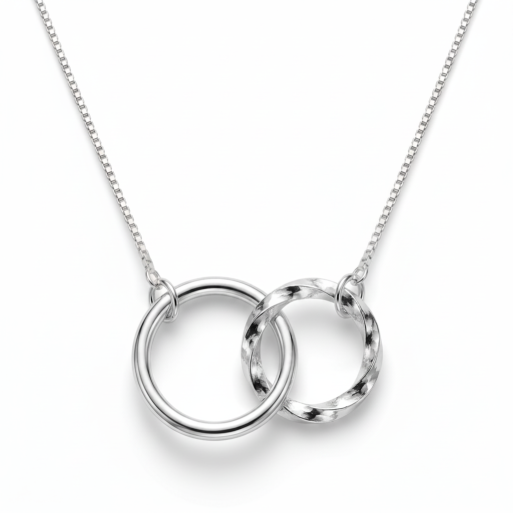Collar Lazos Eternos en plata 925 con dos círculos enlazados y cadena veneciana box