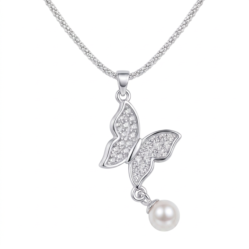 Collar Mariposa Perlé en plata 925 con dije de mariposa y detalle perlado