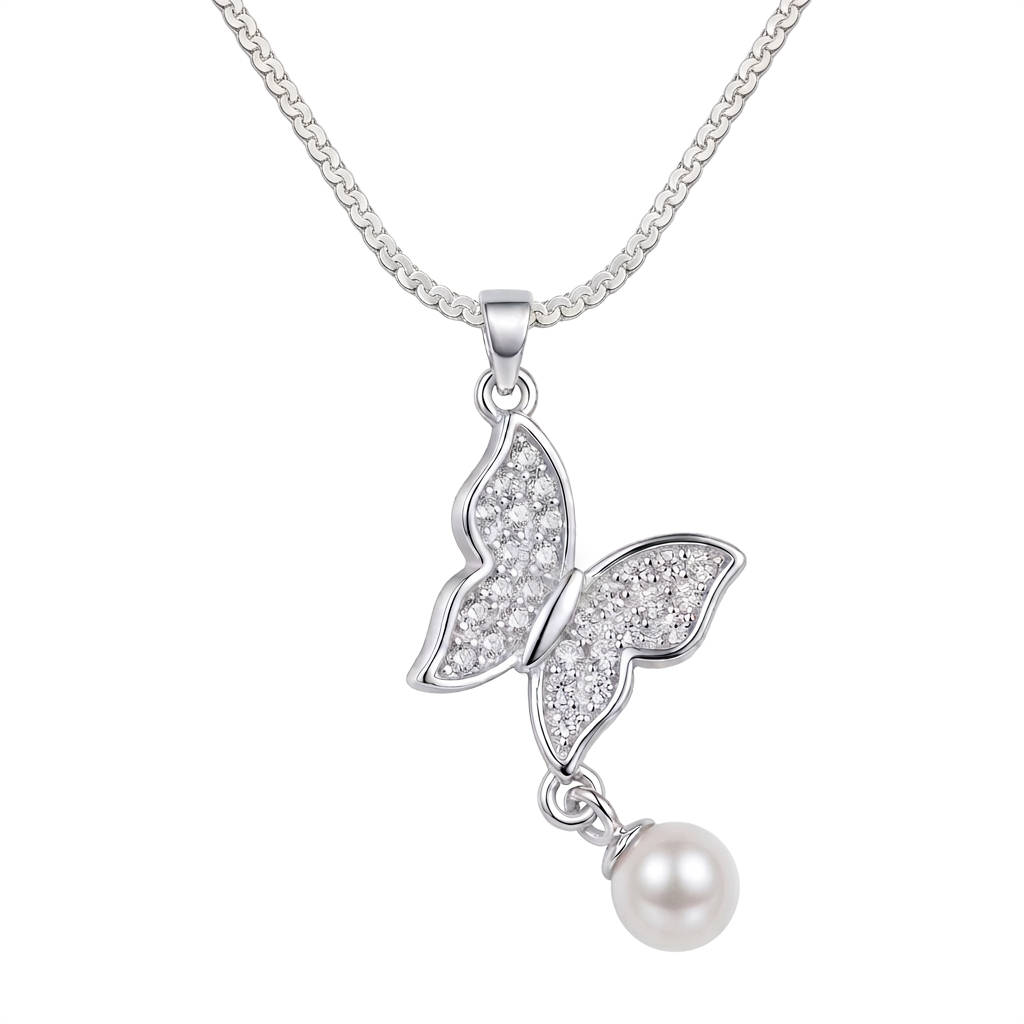 Collar Mariposa Perlé en plata 925 con dije de mariposa y detalle perlado