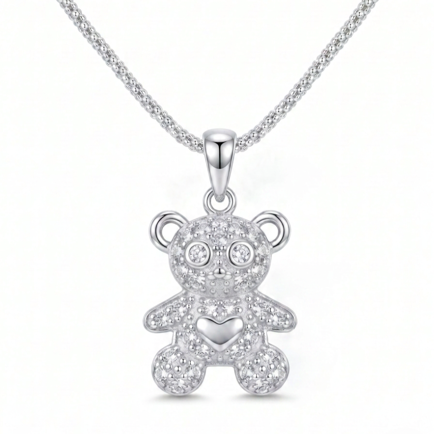 Collar Osito Amour en plata 925 con dije de osito y cadena popcorn