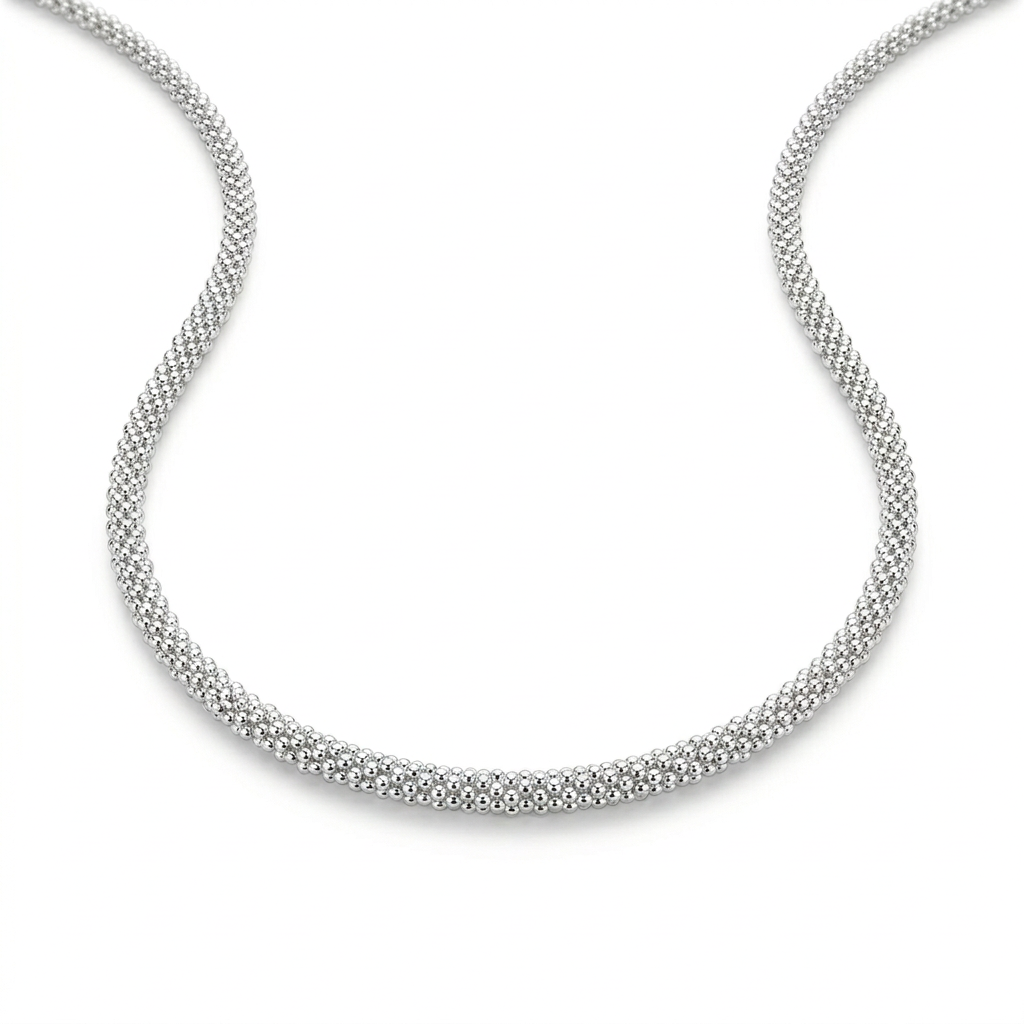 Collar popcorn clásico de plata 925 de 45 cm con cierre tipo argolla