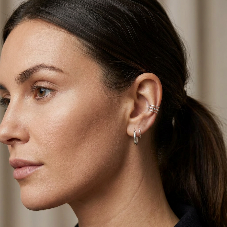 Detalle de ear cuff en plata 925 con bandas lisas y línea trenzada