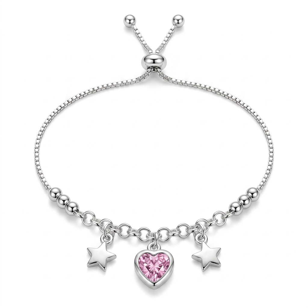 Pulsera ajustable Estrella Rosa en plata 925 con corazón rosa y estrellas colgantes