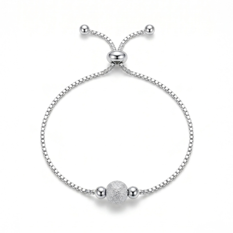 Pulsera ajustable en plata 925 con bolita central de 5 mm y bolitas lisas de 2 mm
