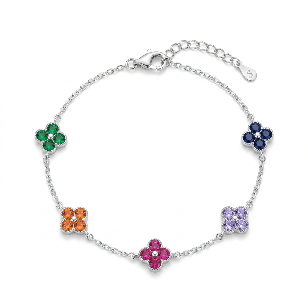 Pulsera Amelie Multicolor de plata 925 con cinco flores de zircones de colores