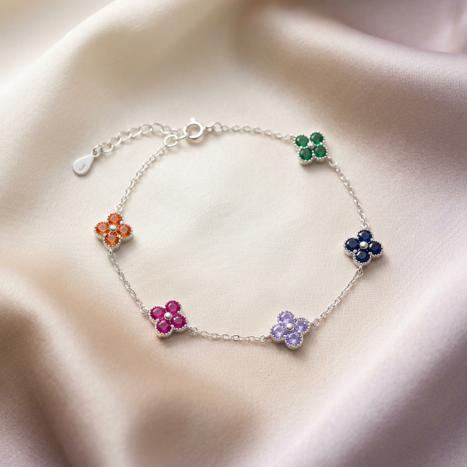 Pulsera Amelie Multicolor de plata 925 con cinco flores de zircones de colores