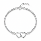 Pulsera doble corazón enlazado en plata 925 con cadena brillante y extensor
