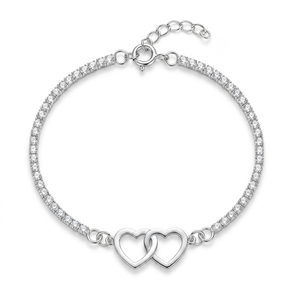 Pulsera doble corazón enlazado en plata 925 con cadena brillante y extensor