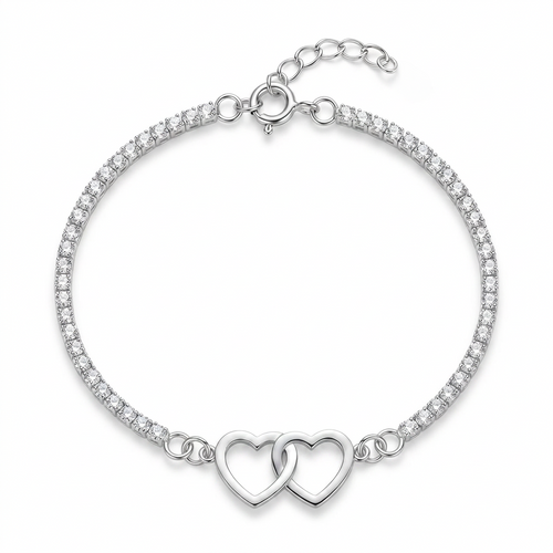 Pulsera doble corazón enlazado en plata 925 con cadena brillante y extensor