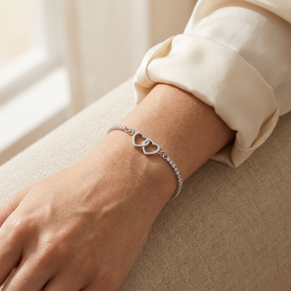 Pulsera doble corazón enlazado en plata 925 con cadena brillante y extensor