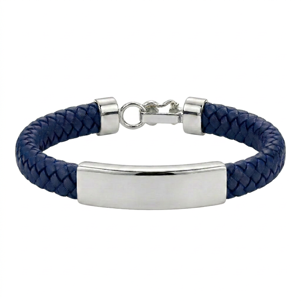 Pulsera Atlas Blue de cuero trenzado azul con detalle central de plata 950