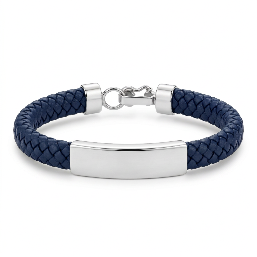 Pulsera Atlas Navy de cuero trenzado azul con detalle de plata 950
