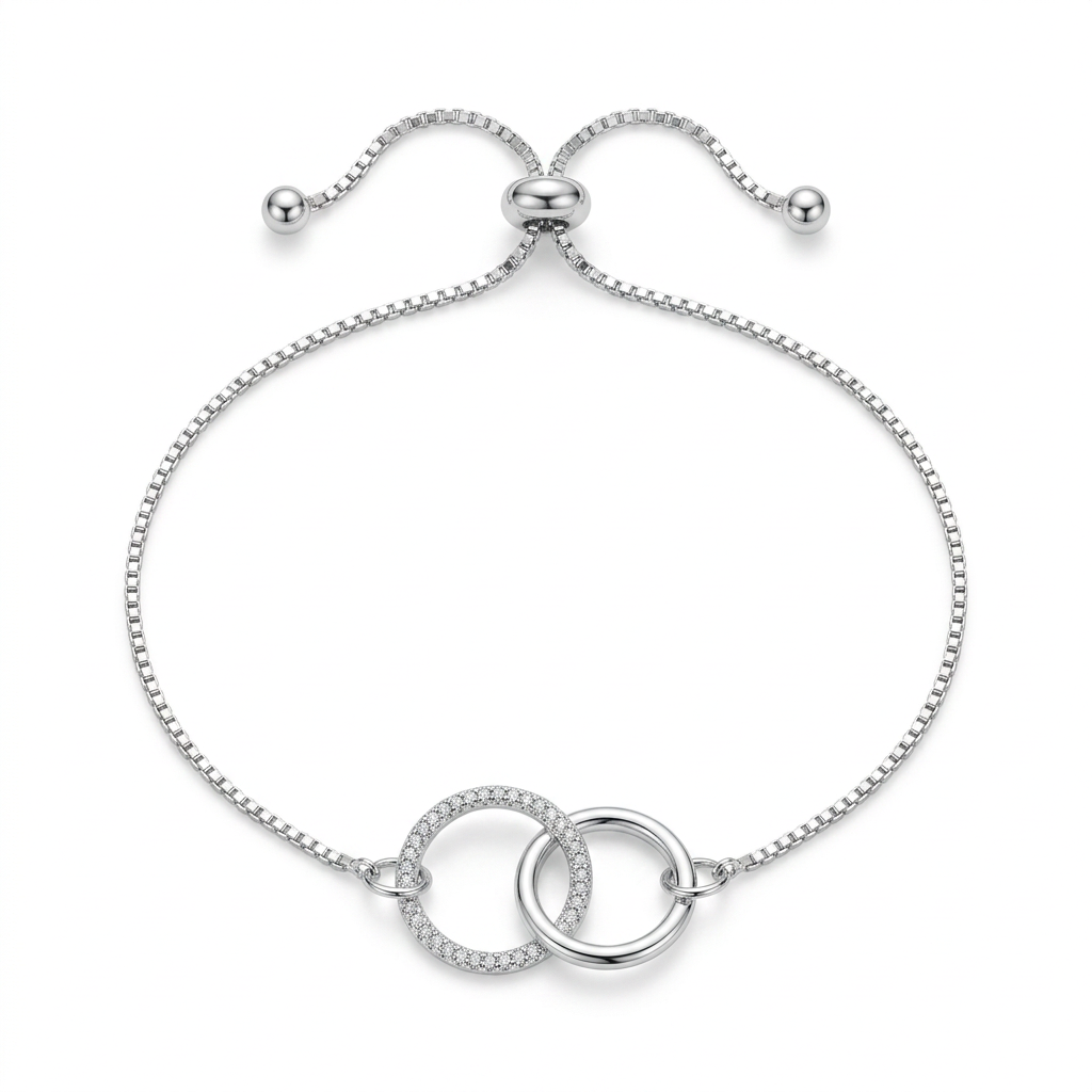 Diseño en plata 925 de círculos entrelazados con detalle brillante y cierre ajustable.