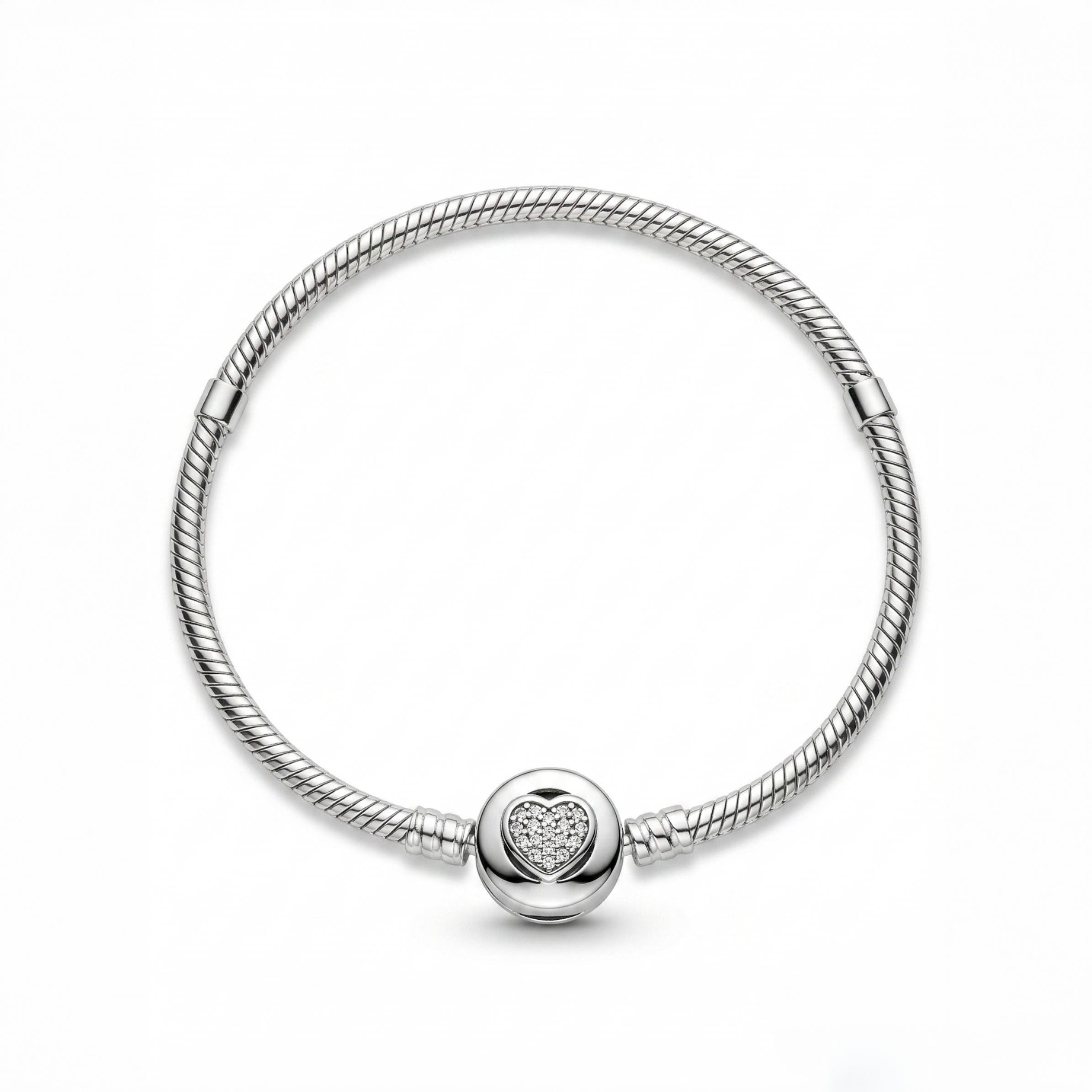 Pulsera charms corazón brillante de plata 925 con cadena tipo snake