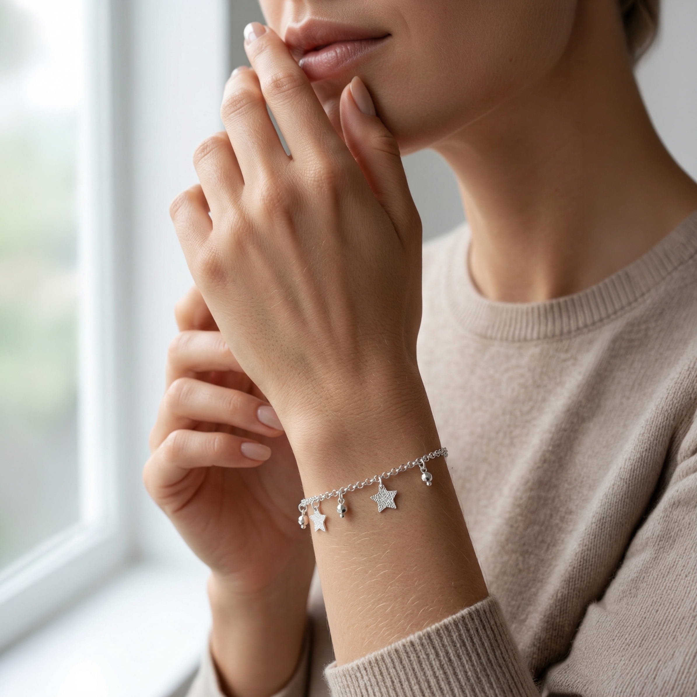 Pulsera delicada de plata 925 con estrellas y esferas facetadas