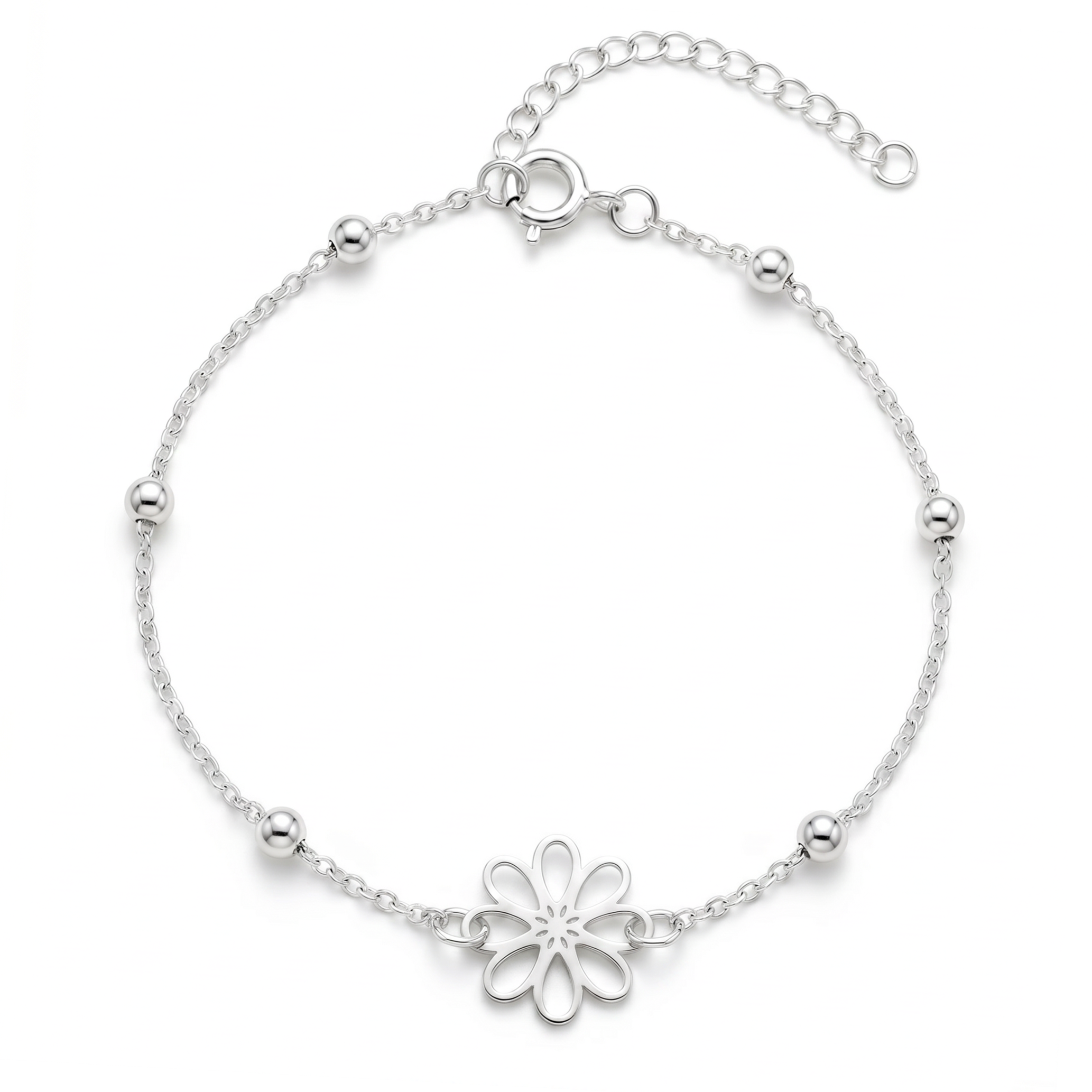 Pulsera Flor Elia de plata 925 con flor central calada y bolitas laterales