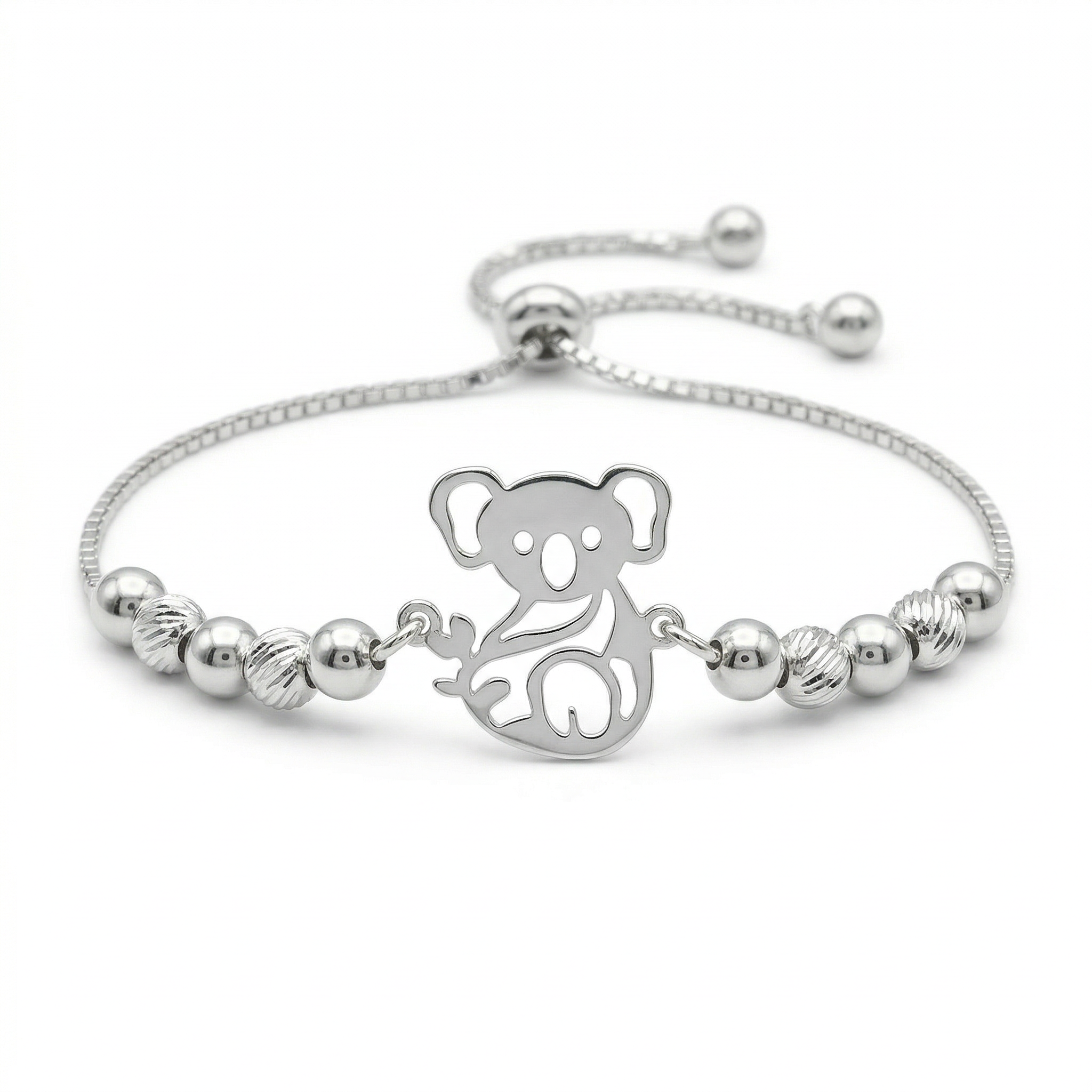 Pulsera de plata 925 con dije de koala y bolitas lisas y texturizadas