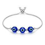 Pulsera Nazar Kaia de plata 925 ajustable con tres detalles azules inspirados en el ojo turco