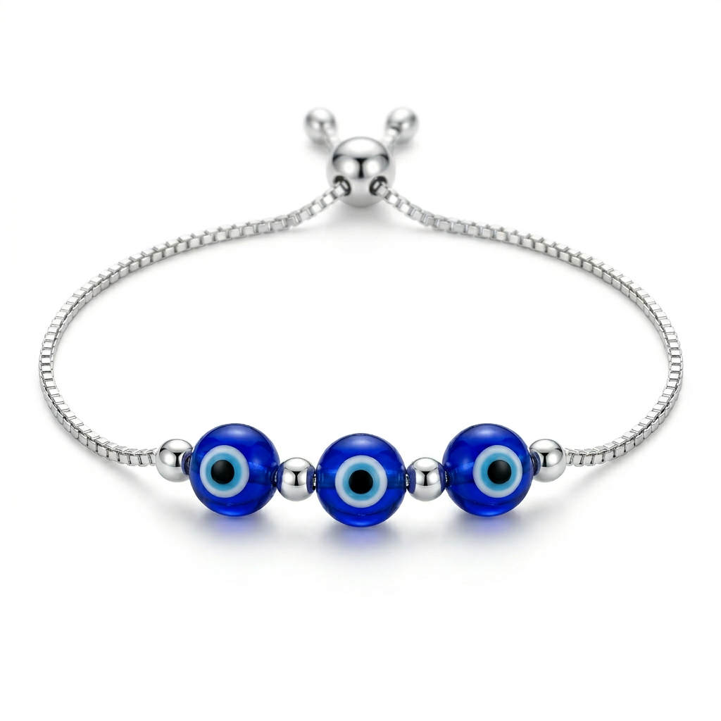 Pulsera Nazar Kaia de plata 925 ajustable con tres detalles azules inspirados en el ojo turco