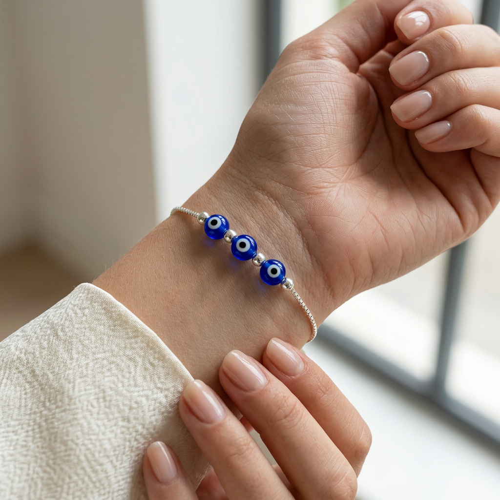 Pulsera ajustable de plata 925 con tres cuentas azules sobre muñeca