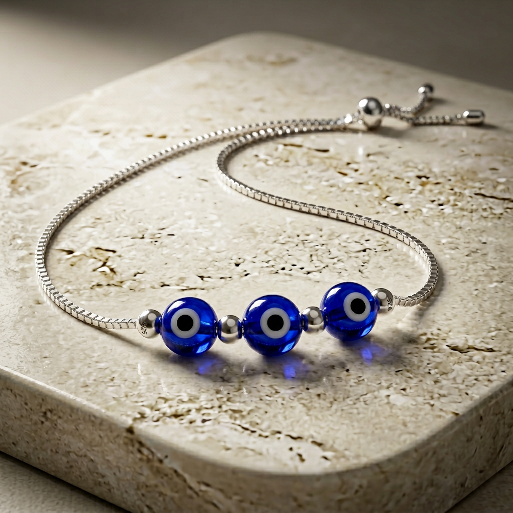 Pulsera Nazar Kaia de plata 925 ajustable con tres detalles azules