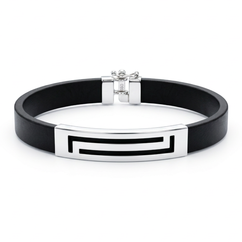 Pulsera Nero Line de cuero negro con detalle central de plata 950