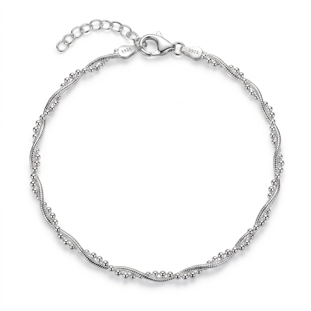 Pulsera ondas y bolitas en plata 925 con cierre langosta y extensor