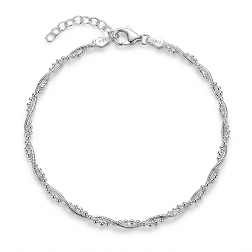 Pulsera ondas y bolitas en plata 925 con cierre langosta y extensor