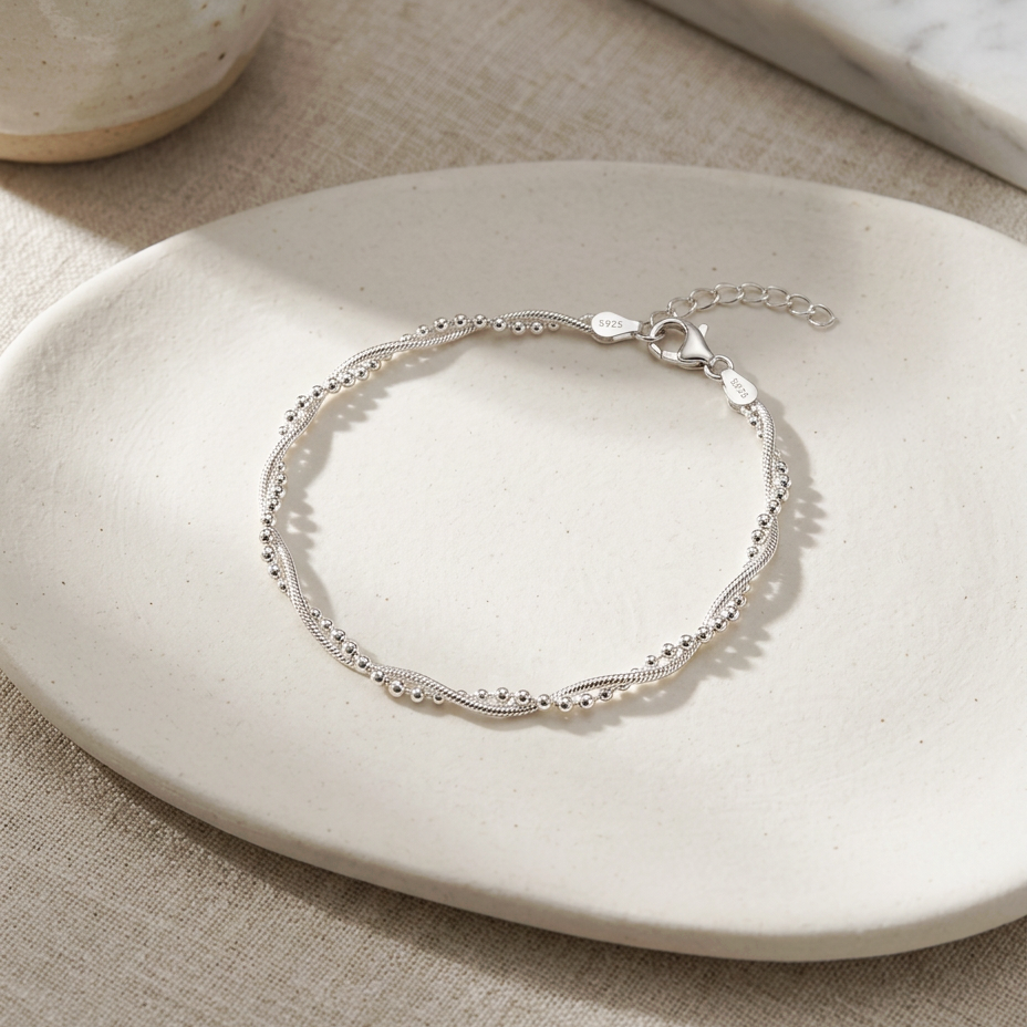 Pulsera ondas y bolitas en plata 925
