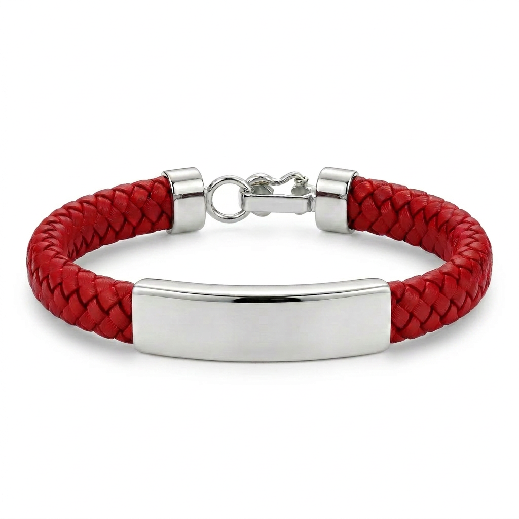 Pulsera Rouge Atlas de cuero trenzado rojo con detalle central de plata 950