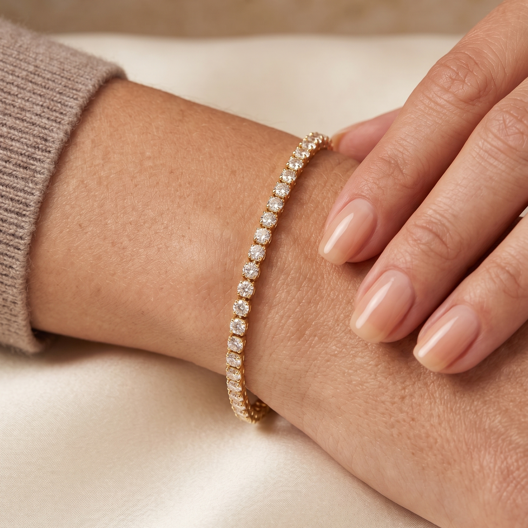Pulsera fina tennis en plata 925 bañada en oro de 18K sobre muñeca con diseño elegante