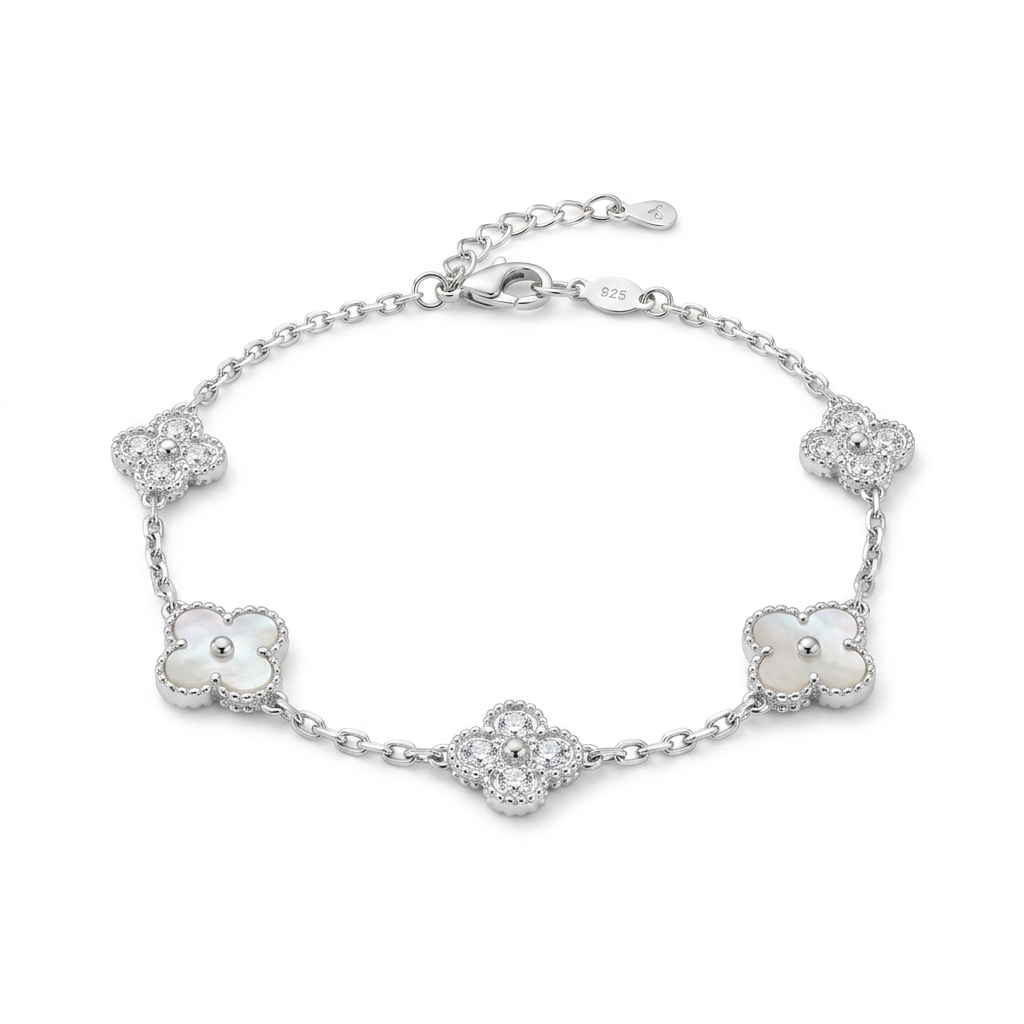 Pulsera Trébol Nacar Lumière de plata 925 con dijes nacarados blancos