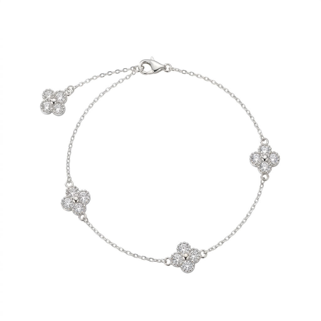 Pulsera Trébol Aurora de plata 925 con cinco tréboles de zircones transparentes